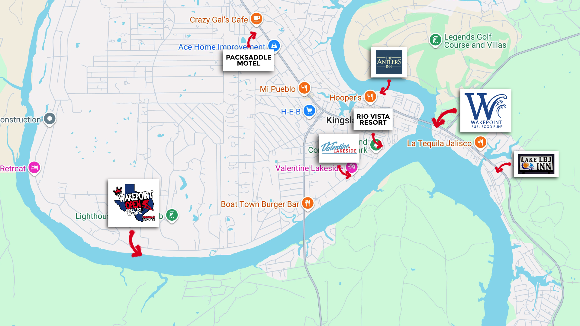 Map of the Wakepoint Open area showing directions to Wakepoint LBJ, the competition site, and nearby lodging locations around Lake LBJ.