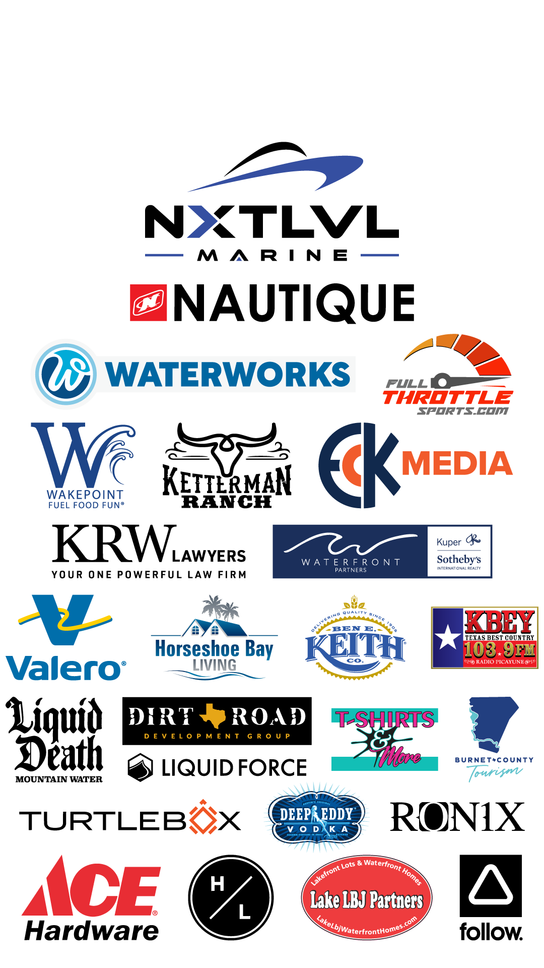 Wakepoint Open 2026 wakeboard competition sponsors including NXTLVL Marine, Nautique, Hyperlite, Ronix, Liquid Force, Liquid Death, WaterWorks LBJ, KRW Lawyers, Waterfront Partners, and other official event partners supporting wakeboarding at Lake LBJ, Texas.